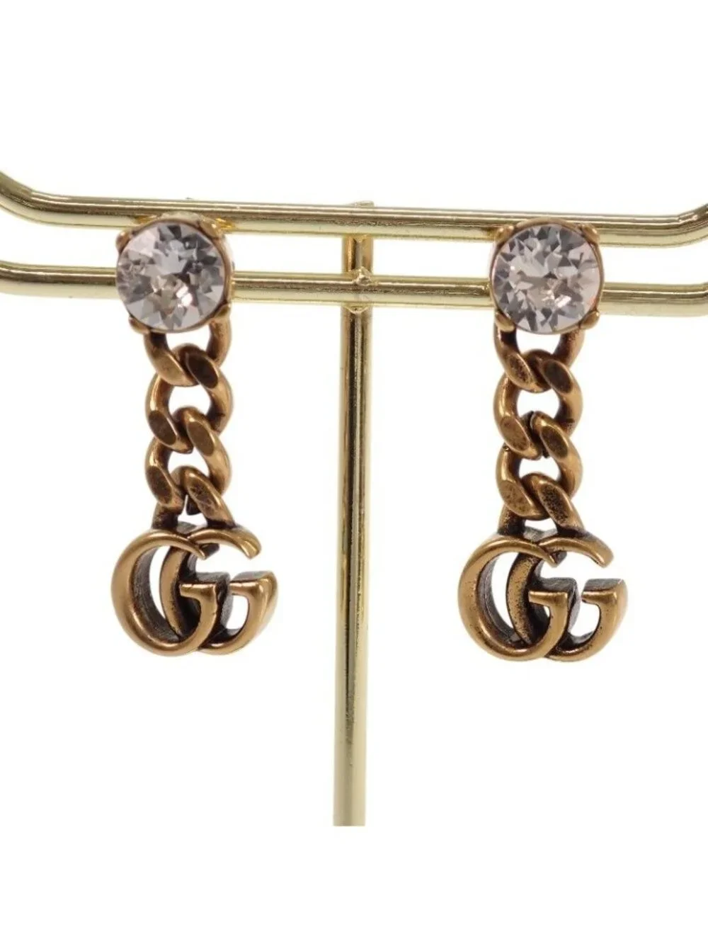 Gucci Crystal Double Earrings Metal Aging Gold